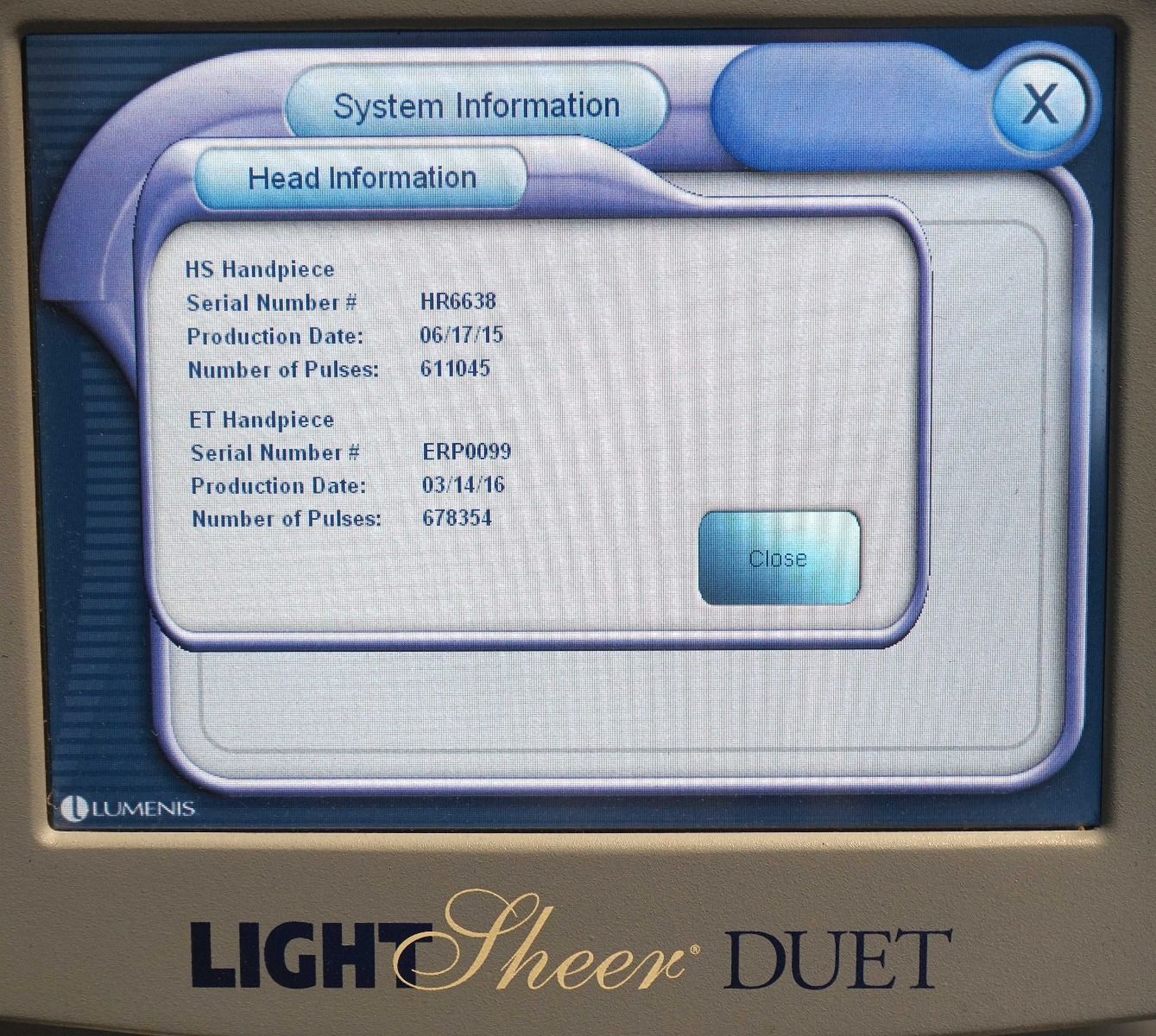 2009 Lumenis LightSheer Duet Laser ET HS 9x9mm 22x35mm Hair Removal Light Sheer