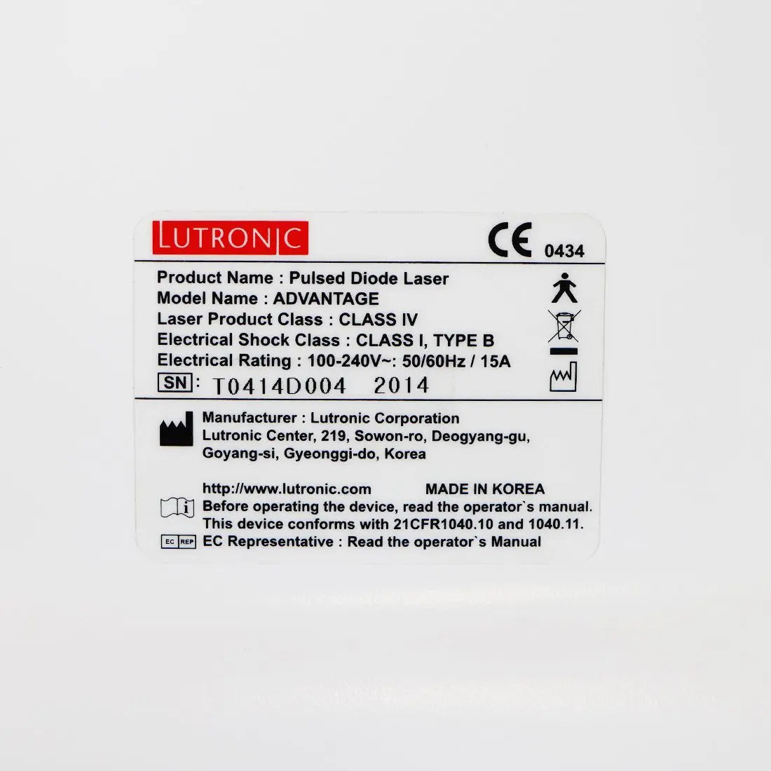 2014 Lutronic Advantage Diode Laser Hair Removal Reduction w/D3-800 Handpiece