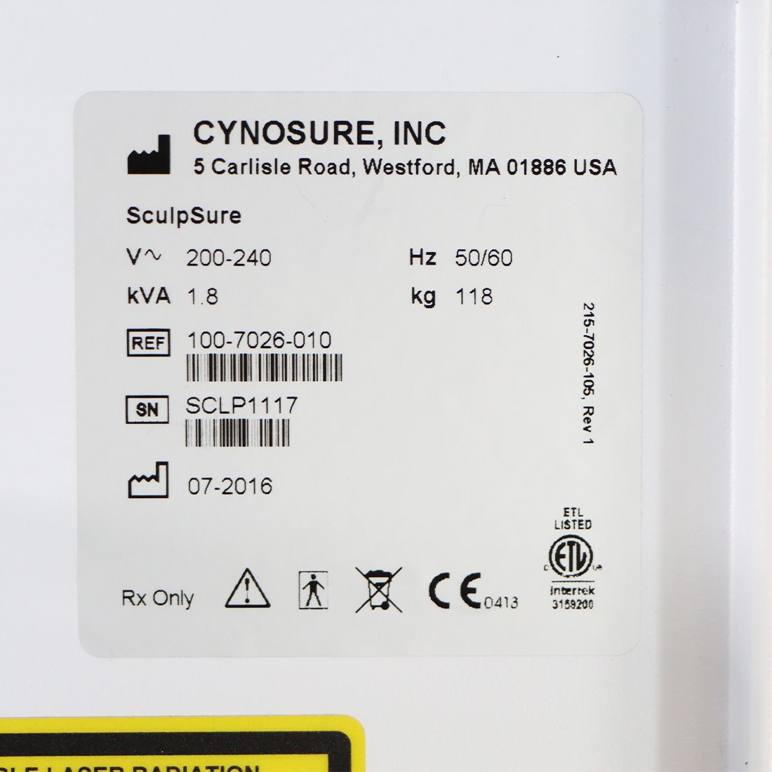 2016 Cynosure SculpSure 非侵入式 1060nm 二極體雷射塑身儀