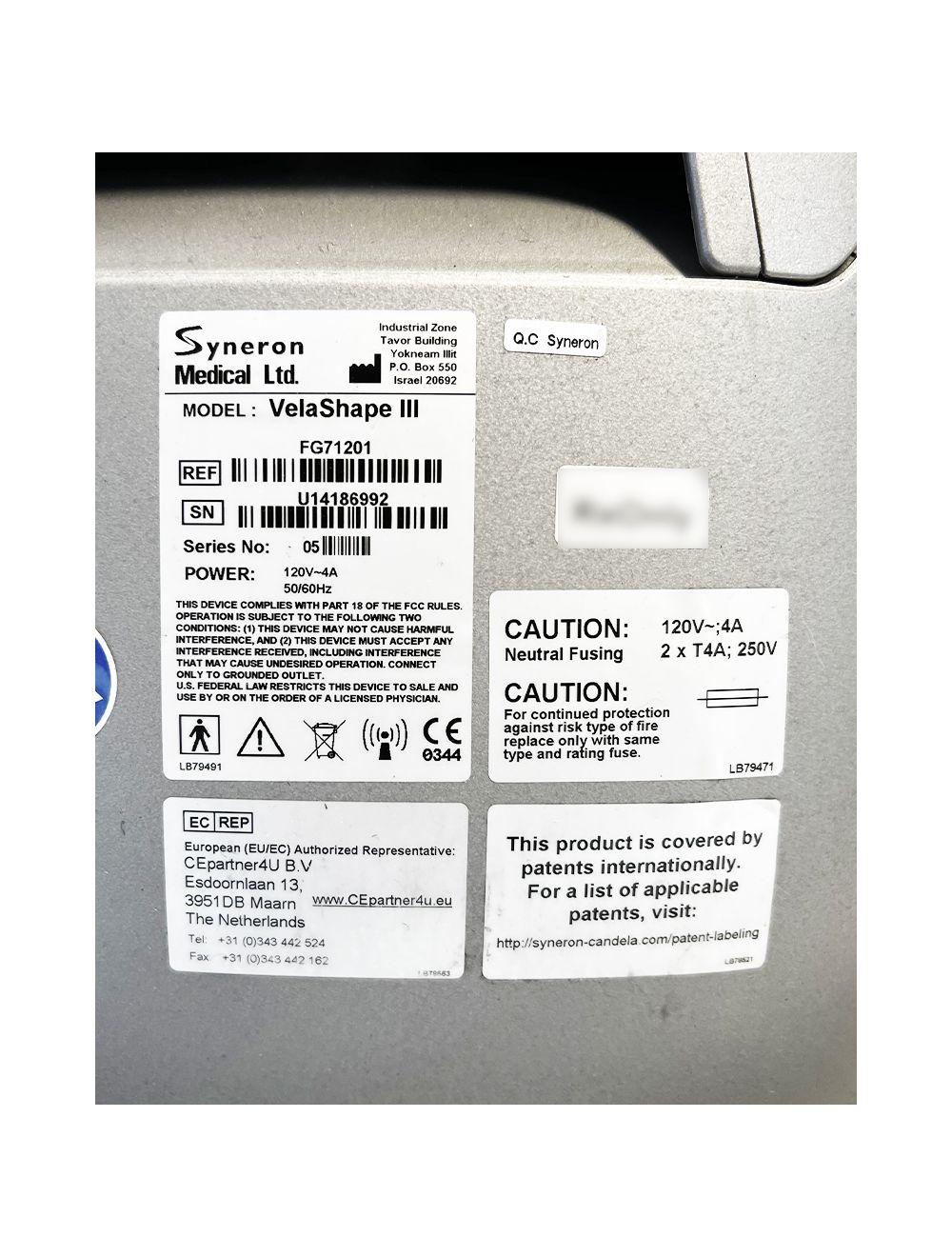 Syneron VelaShape III Radio Frequency Body Contour Cellulite Reduction System Candela