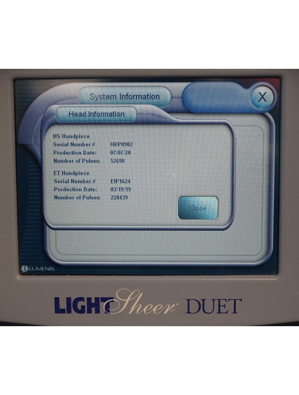 2010 Lumenis LightSheer Duet Laser ET HS 9x9mm 22x35mm Hair Removal Light Sheer