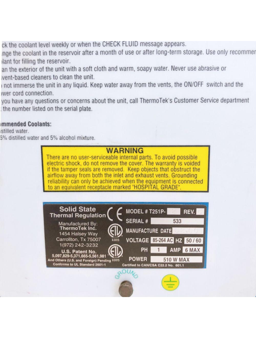 ThermoTek Solid State Temperature Regulation Control T251P-2 Laser Chiller Sol International Medical