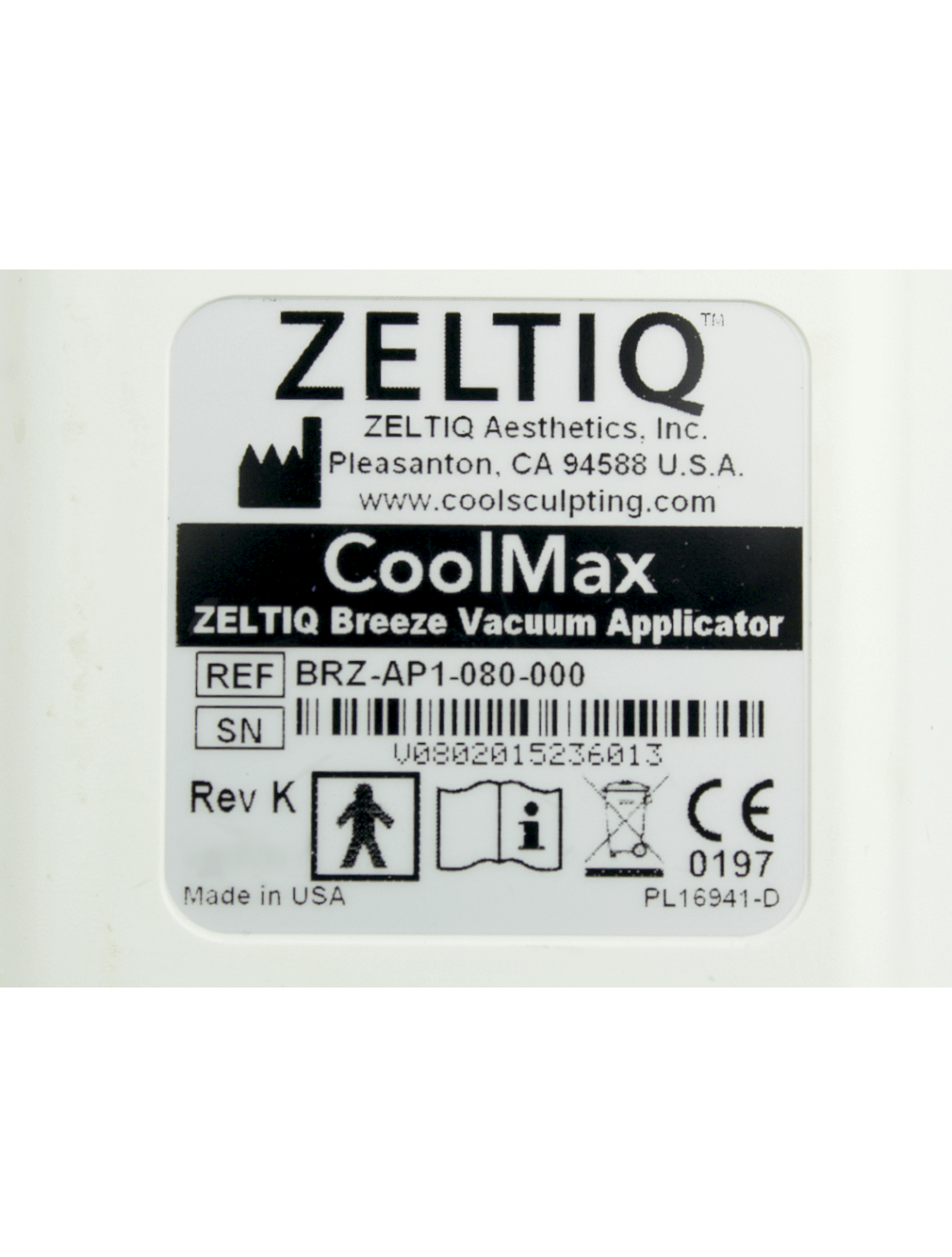 Zeltiq CoolSculpting CoolMax Breeze Vacuum Applicator BRZ-AP1-080-000 HP 2015