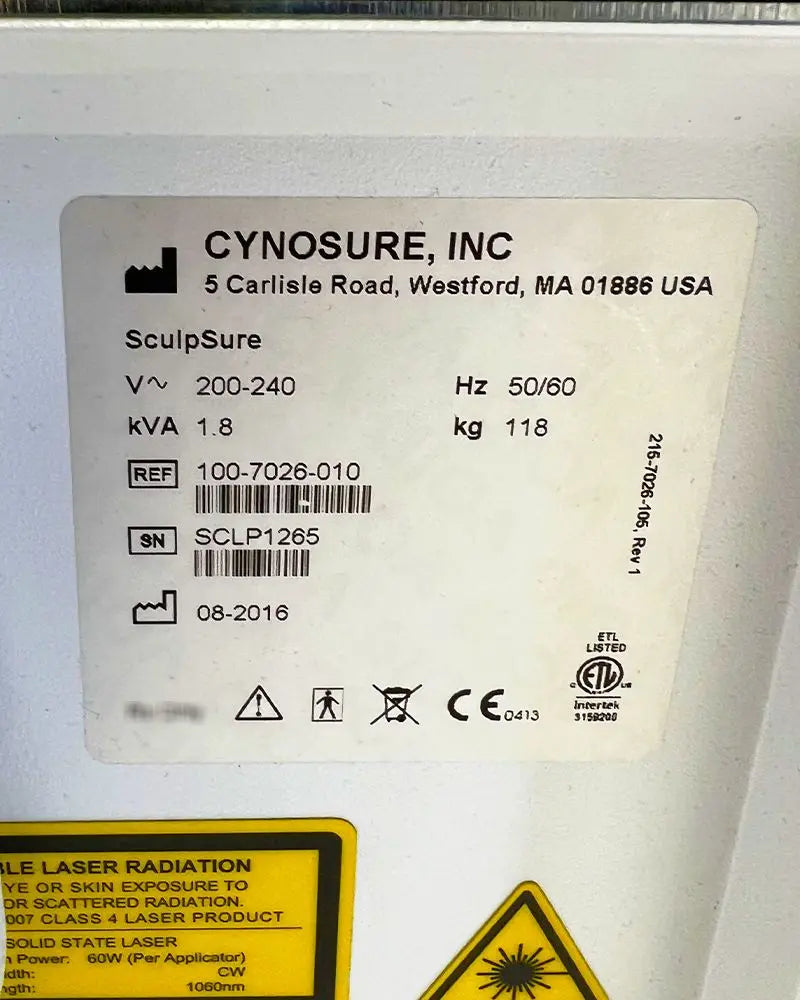 2016 Cynosure SculpSure Lipolysis Laser Diode 1060nm Body Contouring System